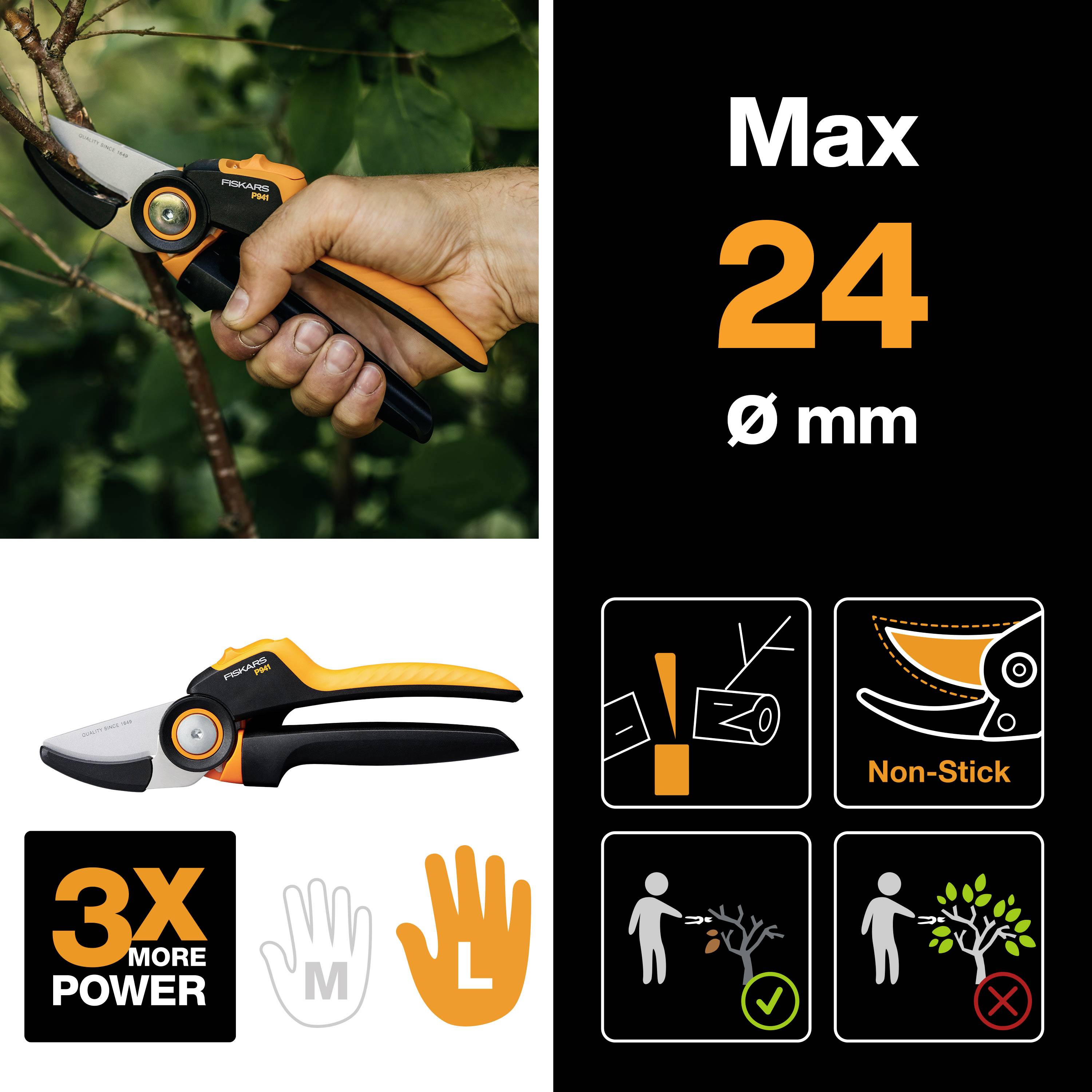 'Foto af en hånd, der holder en orange-sort havesaks, som kan klippe grene op til 24 mm i diameter.'