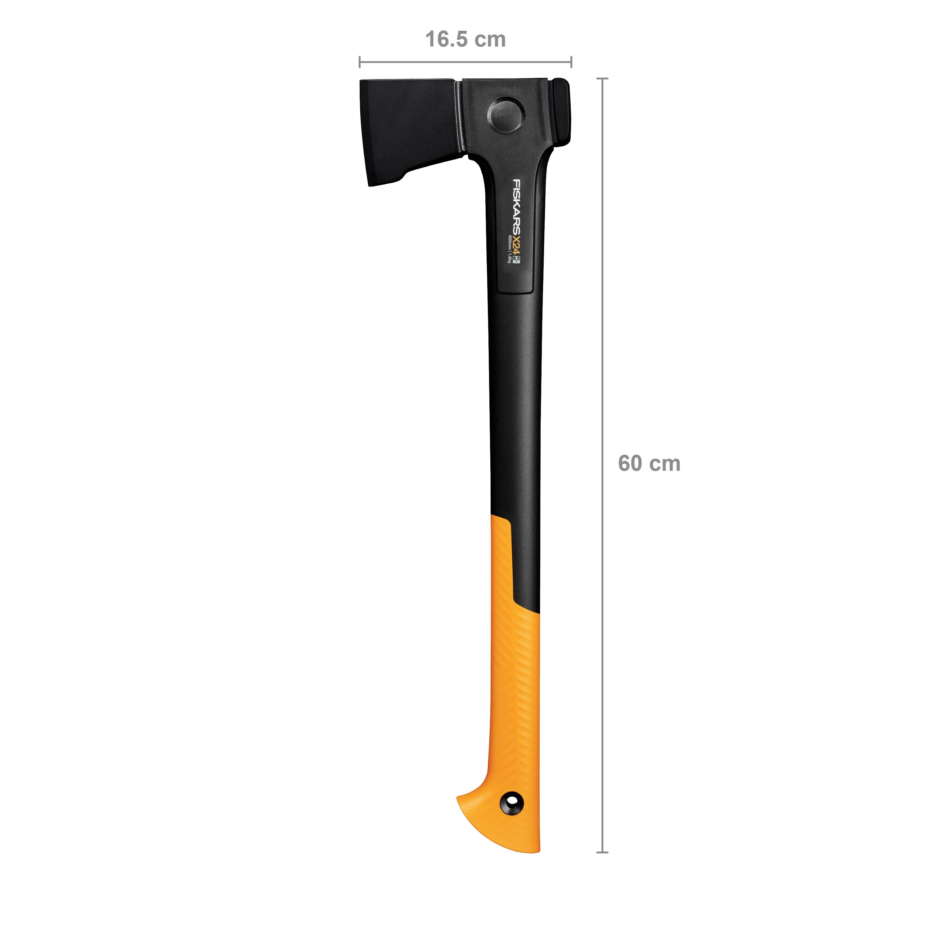 Økse med sort hoved og orange greb, 60 cm lang og 16,5 cm bred ved hovedet. Egnet til træbehandling.