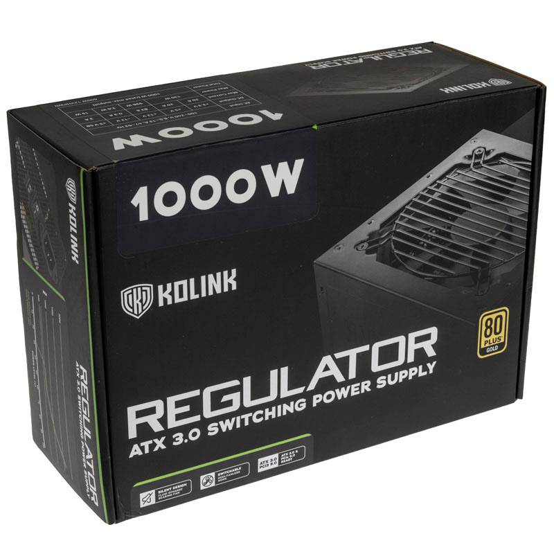 Her er oversættelsen til dansk:<br><br>'Kolink Regulator ATX 3.0 Modulært Strømforsyning, 1000W, 80 Plus Certificering'. Emballagen viser et billede af strømforsyningen.