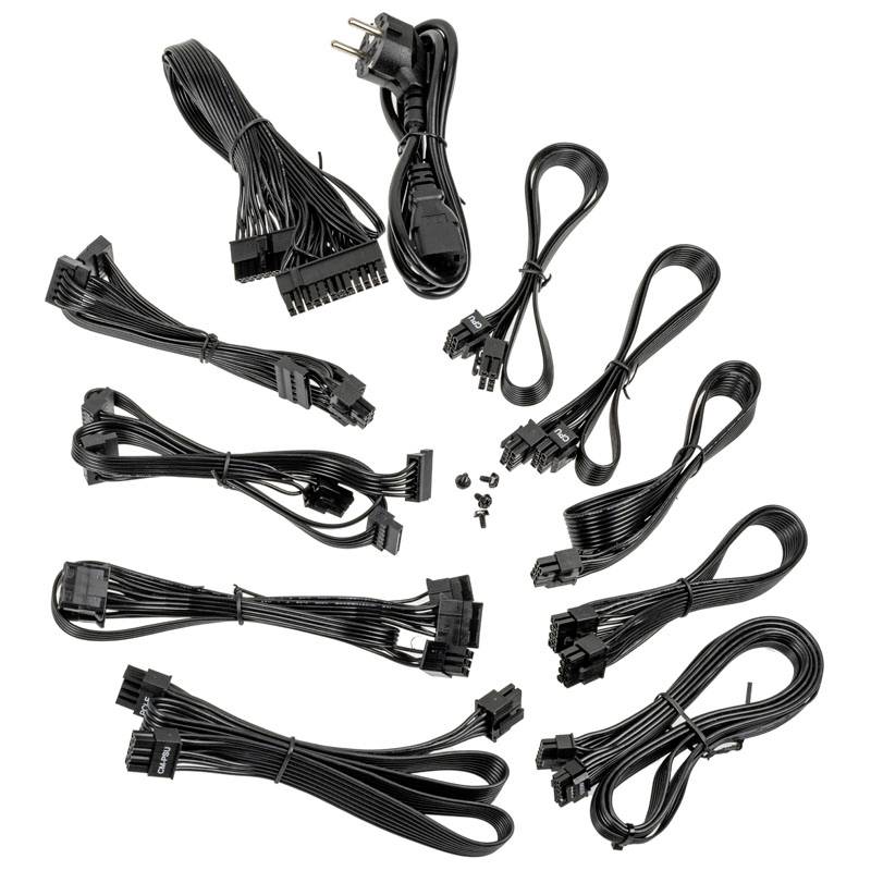 Flere sorte strømkabler og stik til pc-komponenter, herunder 24-polet ATX-, 8-polet CPU- og 6+2-polet GPU-kabel.