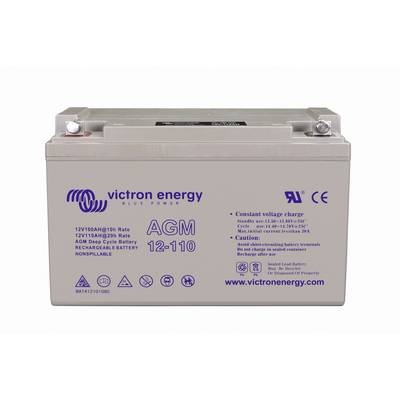 'Victron Energy AGM 12-110 batteri', viser specifikationer som spændingsrate, opladningsvejledning og advarsler på forsiden.