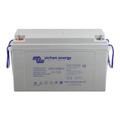 Blei-Kulstof-batteri fra Victron Energy, model 12-100, med blå bærehåndtag. Egnet til genopladelig strømforsyning.