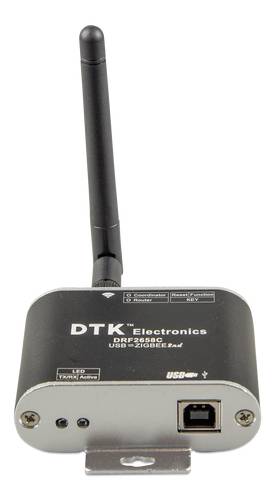 Et USB-ZigBee-modul med antenne fra DTK Electronics, til trådløs kommunikation og netværksdannelse.