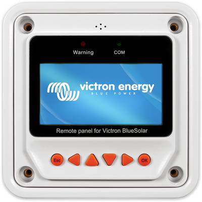 Fjernbetjeningspanel til Victron BlueSolar, med blåt display og Victron-logo, giver kontrol- og overvågningsfunktioner.