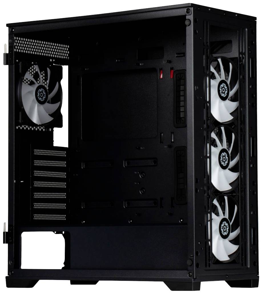 Sort pc-kabinet med tre hvide blæsere på forsiden og en på bagsiden. Indre rum til hardwareinstallation.