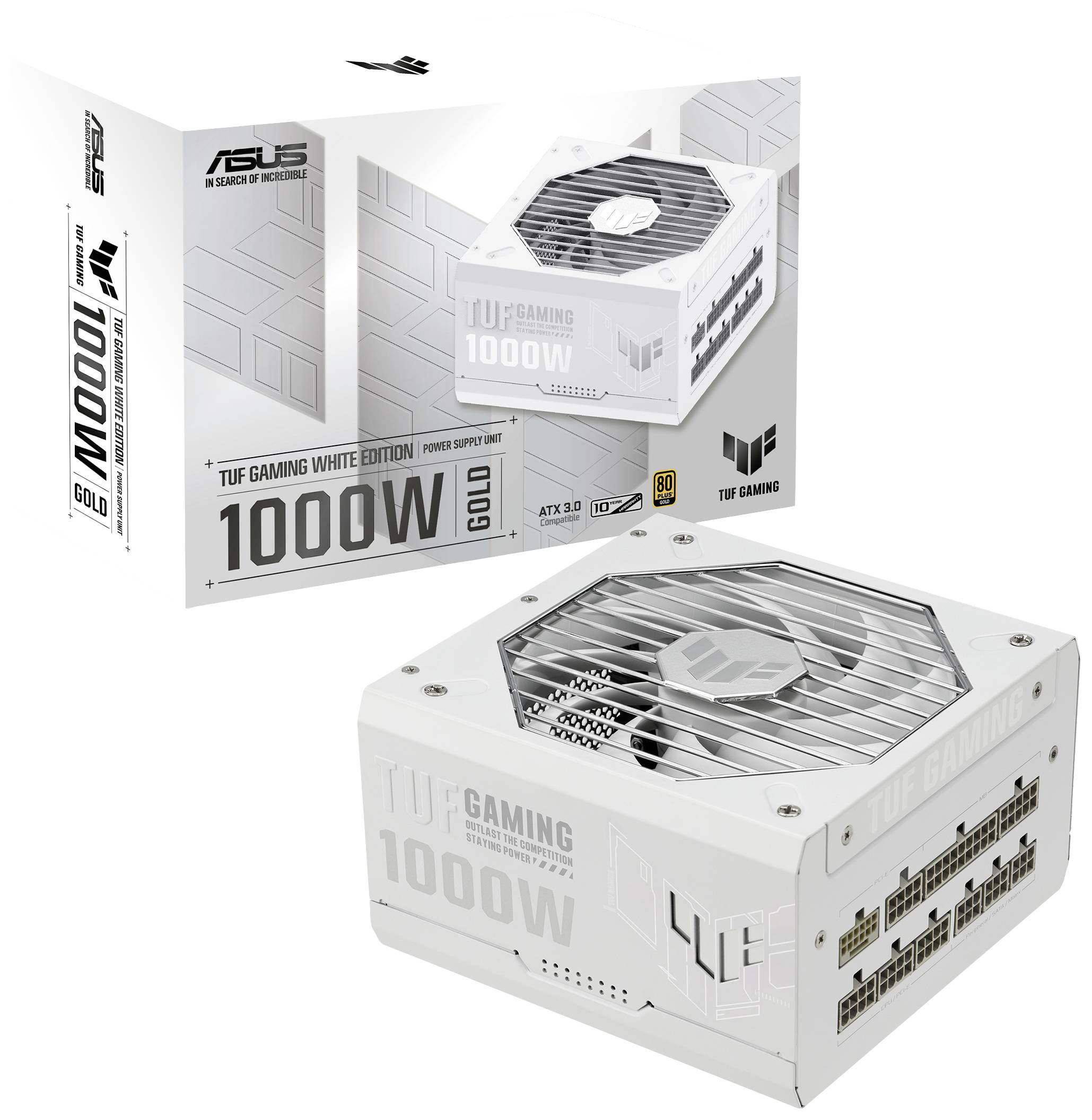 Billedet viser et 1000W-strømforsyningsenhed fra ASUS i TUF Gaming White Edition. Den er certificeret med 80 Plus Gold og holdt i hvid farve.