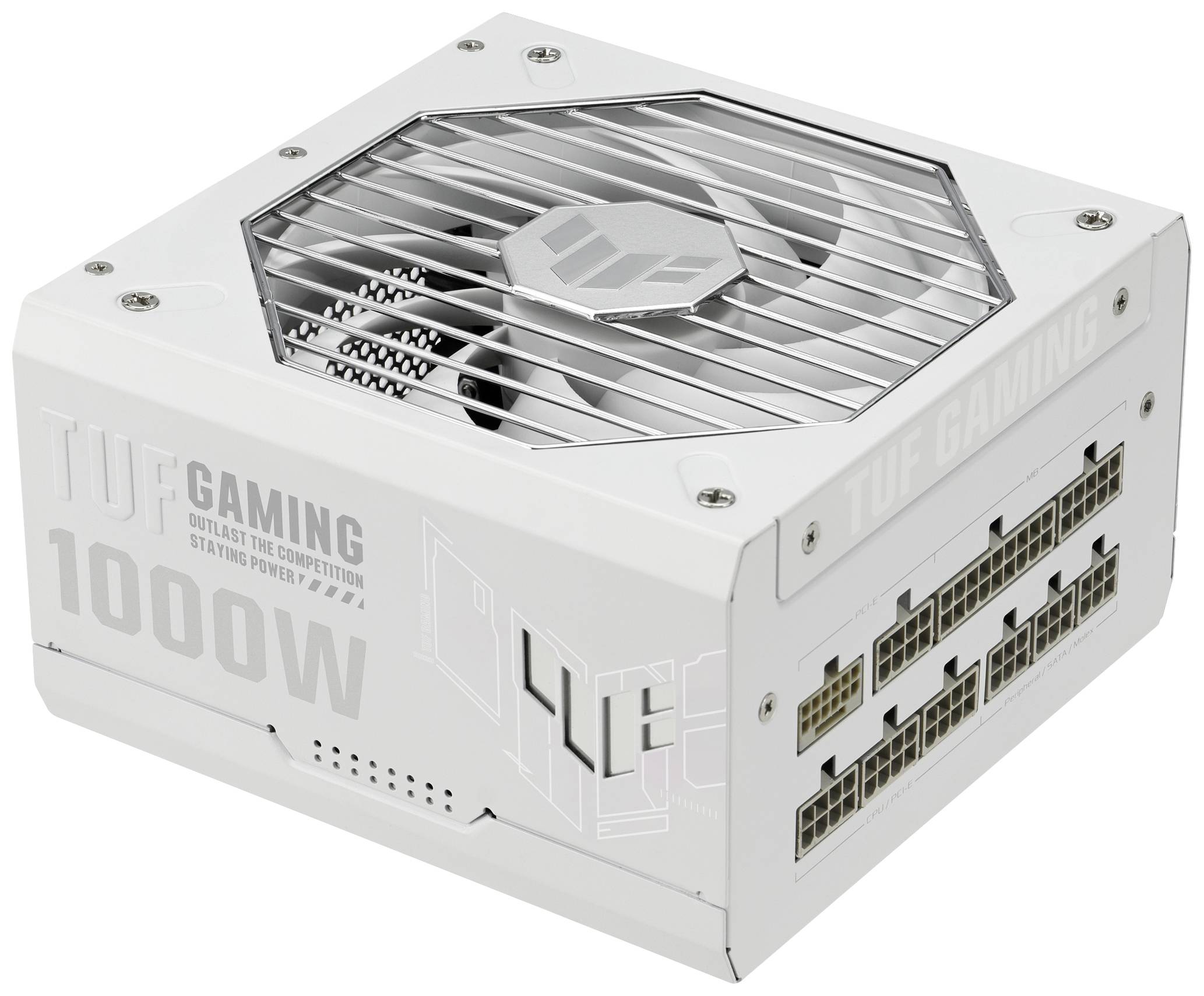 Hvidt strømforsyningsanlæg fra mærket TUF Gaming med 1000W effekt. Ventilationsgitre og flere tilslutninger er synlige.