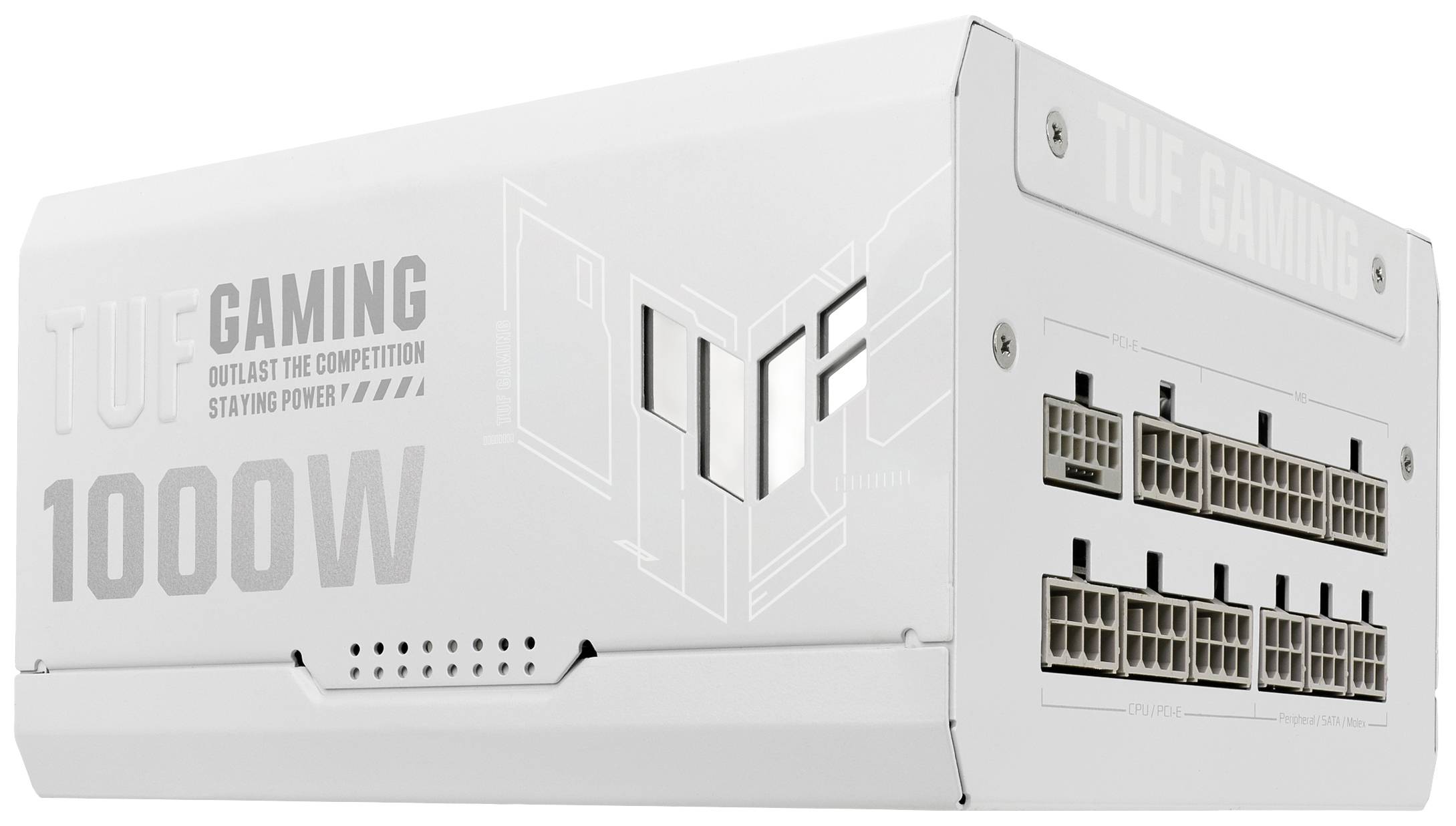 Et hvidt computer-strømforsyningsmodul med påskriften 'TUF Gaming' og '1000W'. Det har flere tilslutningsstik på højre side.