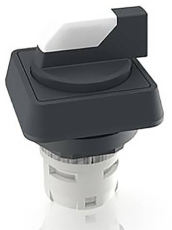 Sort drejeknap med hvid spids på hvid baggrund, egnet til betjening af elektriske apparater eller maskiner.