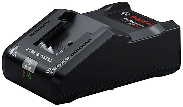Sort Bosch batterioplader med 'Active Air Cooling', 'MODE'-knap og LED-indikatorer. Velegnet til professionel brug.