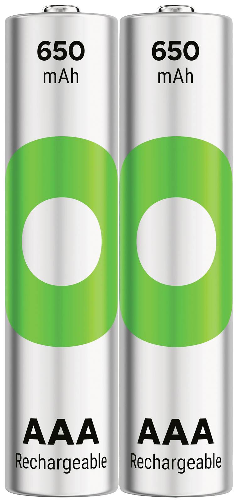 To AAA genopladelige batterier med en kapacitet på 650 mAh, placeret ved siden af hinanden, med et grøn-hvidt design.