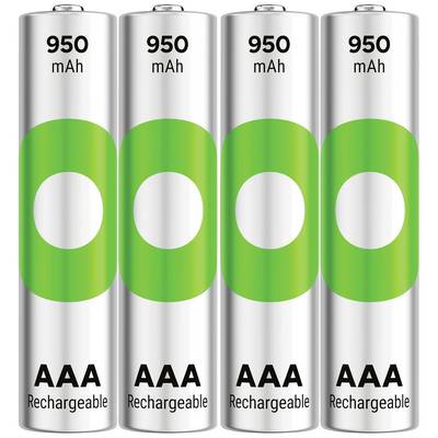 Fire genopladelige AAA-batterier med en kapacitet på 950 mAh, placeret ved siden af hinanden.