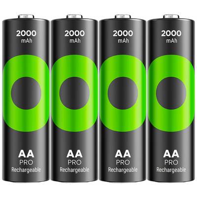Fire genopladelige AA-batterier, hver med en kapacitet på 2000 mAh, med grøn og sort design, vist ved siden af hinanden.