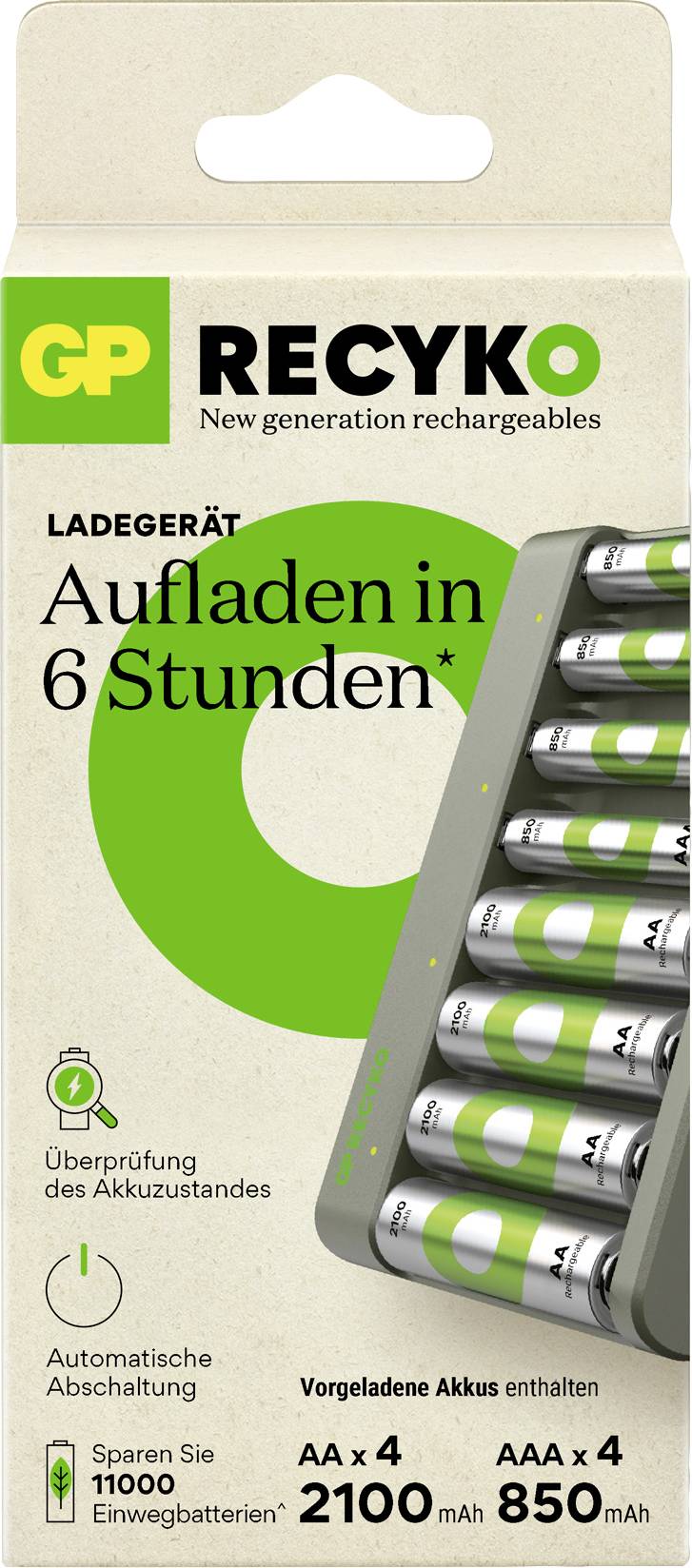 Emballage til et GP ReCyko oplader med batterier. Tekst: 'Oplades på 6 timer', 'AA x4 2100mAh', 'AAA x4 850mAh'.