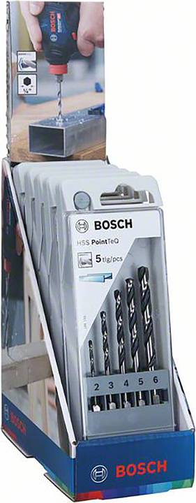 Bosch borehoveder i en salgsemballage, egnet til metalboringer. Viser fem forskellige størrelser.