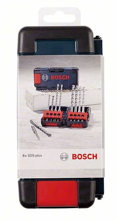Et Bosch borehammersæt med 8 SDS-plus bor i en sort og rød plastikboks, velegnet til betonarbejde.