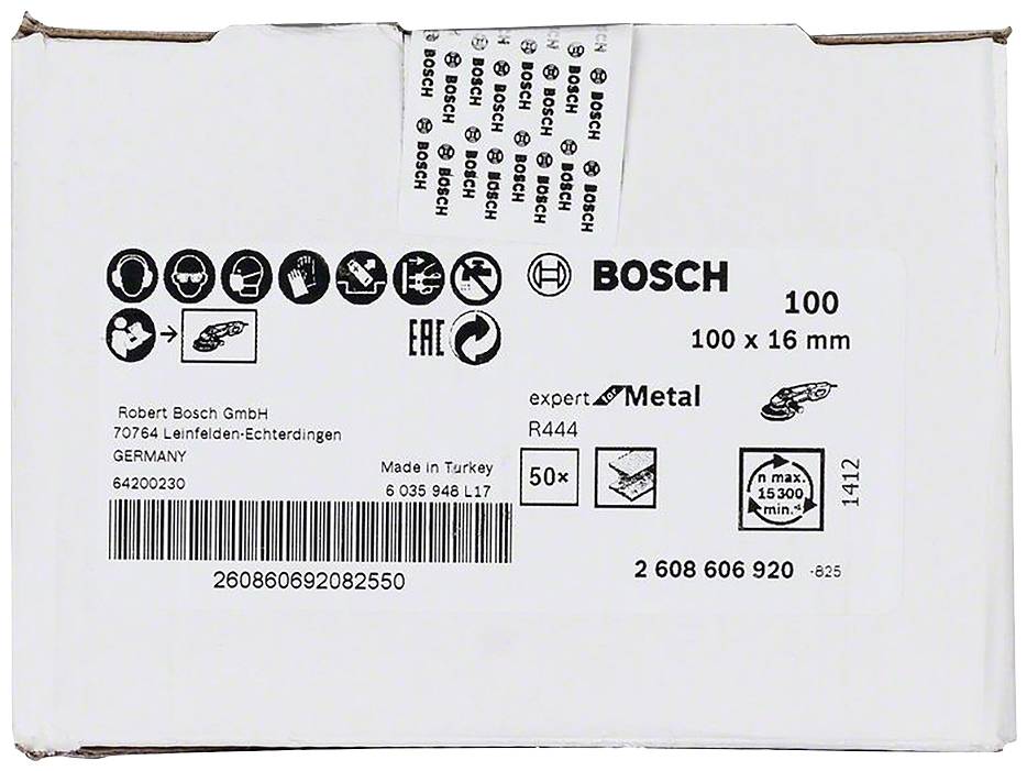 Papkasse med tryk til Bosch skæreskiver: 100 stk., 100 x 16 mm, Expert Metal, fremstillet i Tyrkiet.