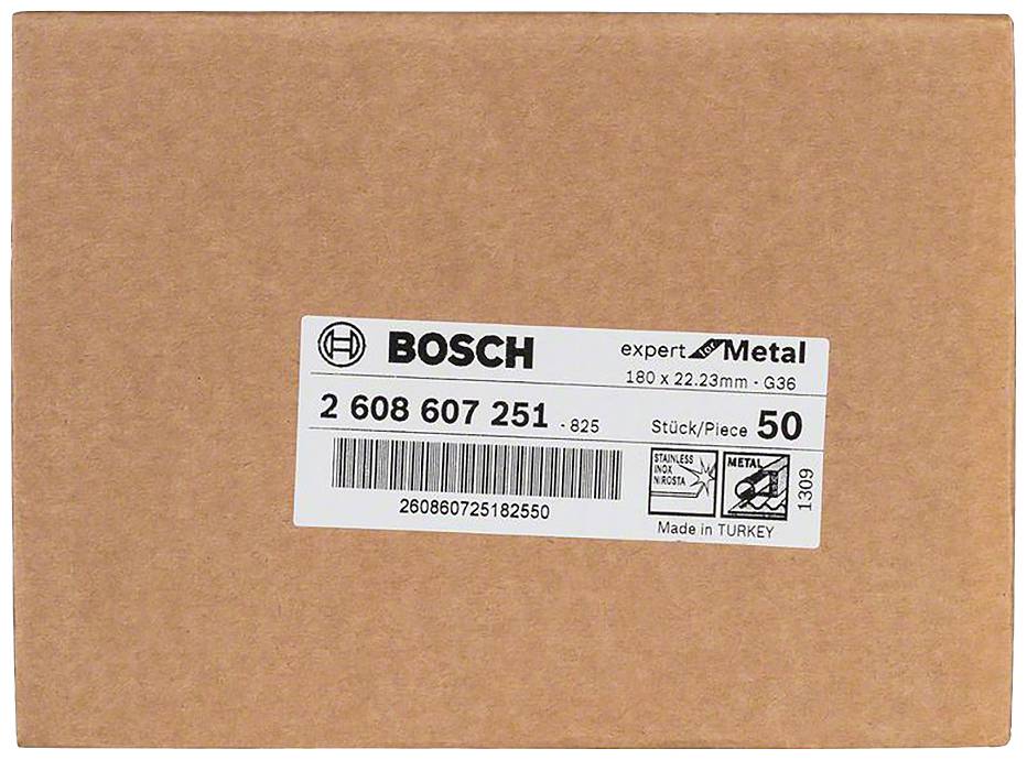 Karton med Bosch-label, 'expert for Metal', mål 180 x 22,23 mm, 50 styk pr. pakke, fremstillet i Tyrkiet.