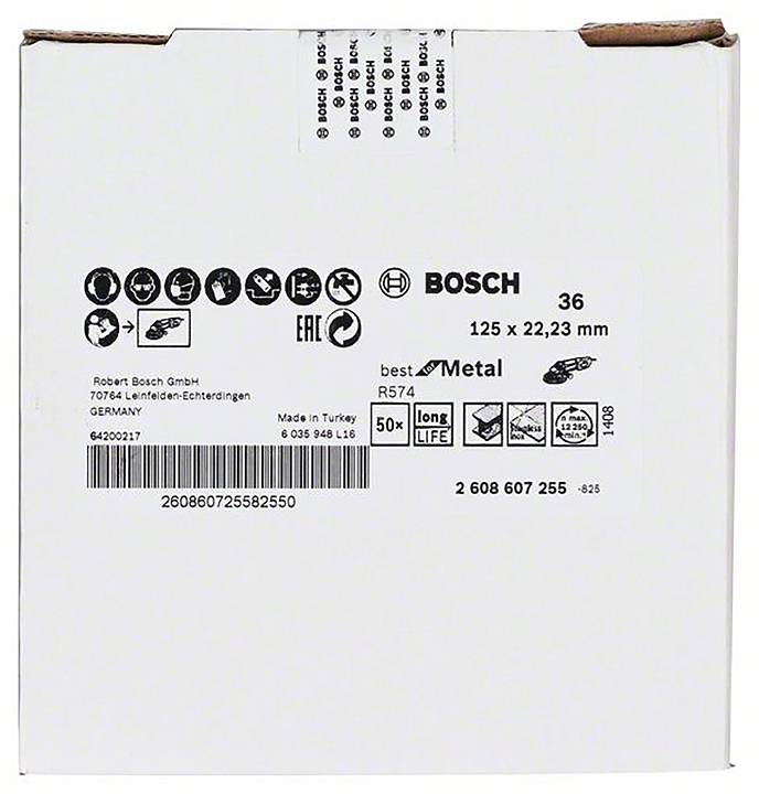 En hvid Bosch-emballage med sorte påtryk: '125 x 22,23 mm', 'Metal', 'Made in Turkey', stregkode og andre symboler.