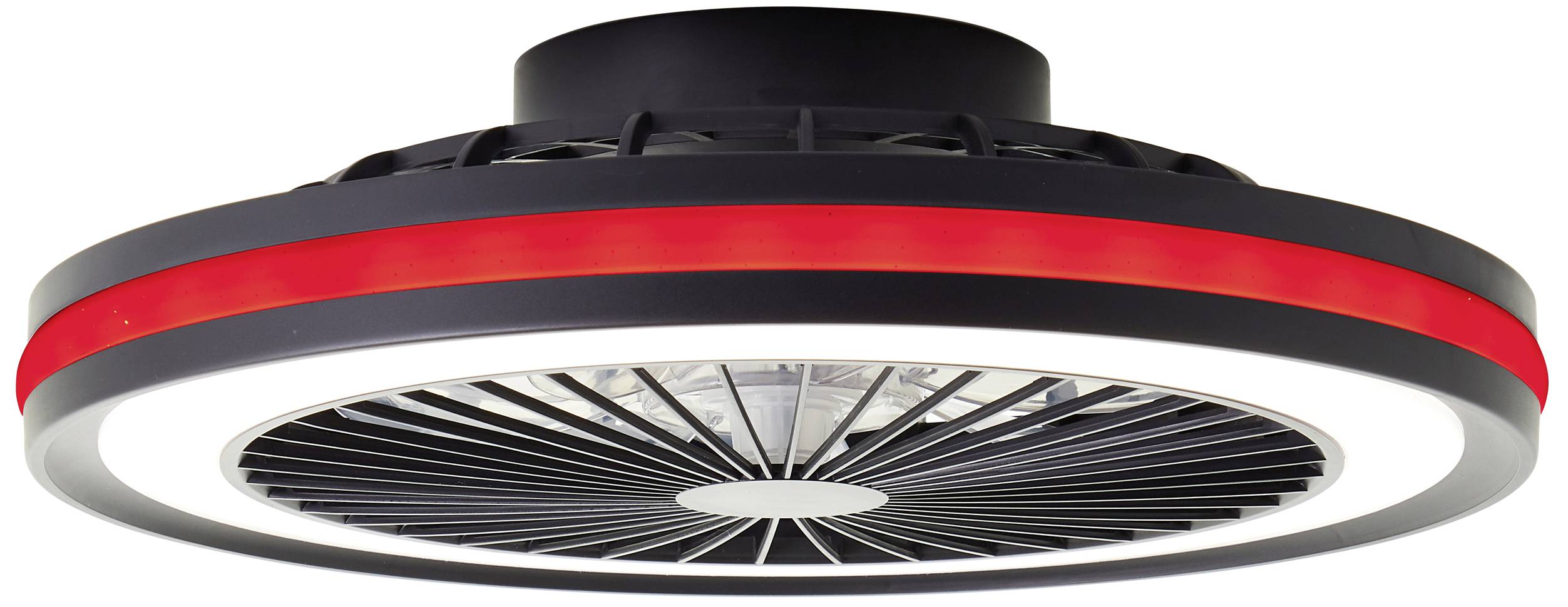 En moderne loftsventilator i sort med røde og hvide lysstreger. Den har et rundt, fladt design med synlige rotorblade.