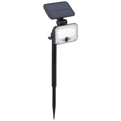Solcelledrevet udendørslampe med jordspyd, rektangulær lyskrop og solpanel, egnet til havbelysning.