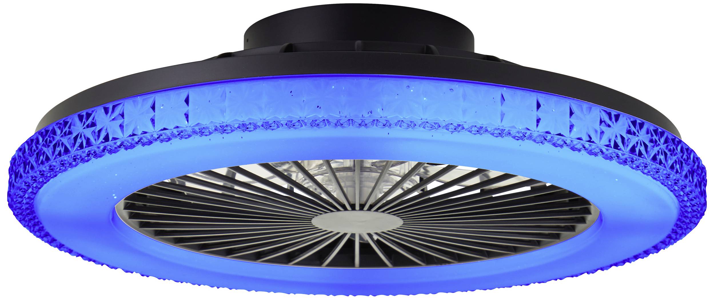 En rund loftslampe med blå LED-ring og central ventilator.
