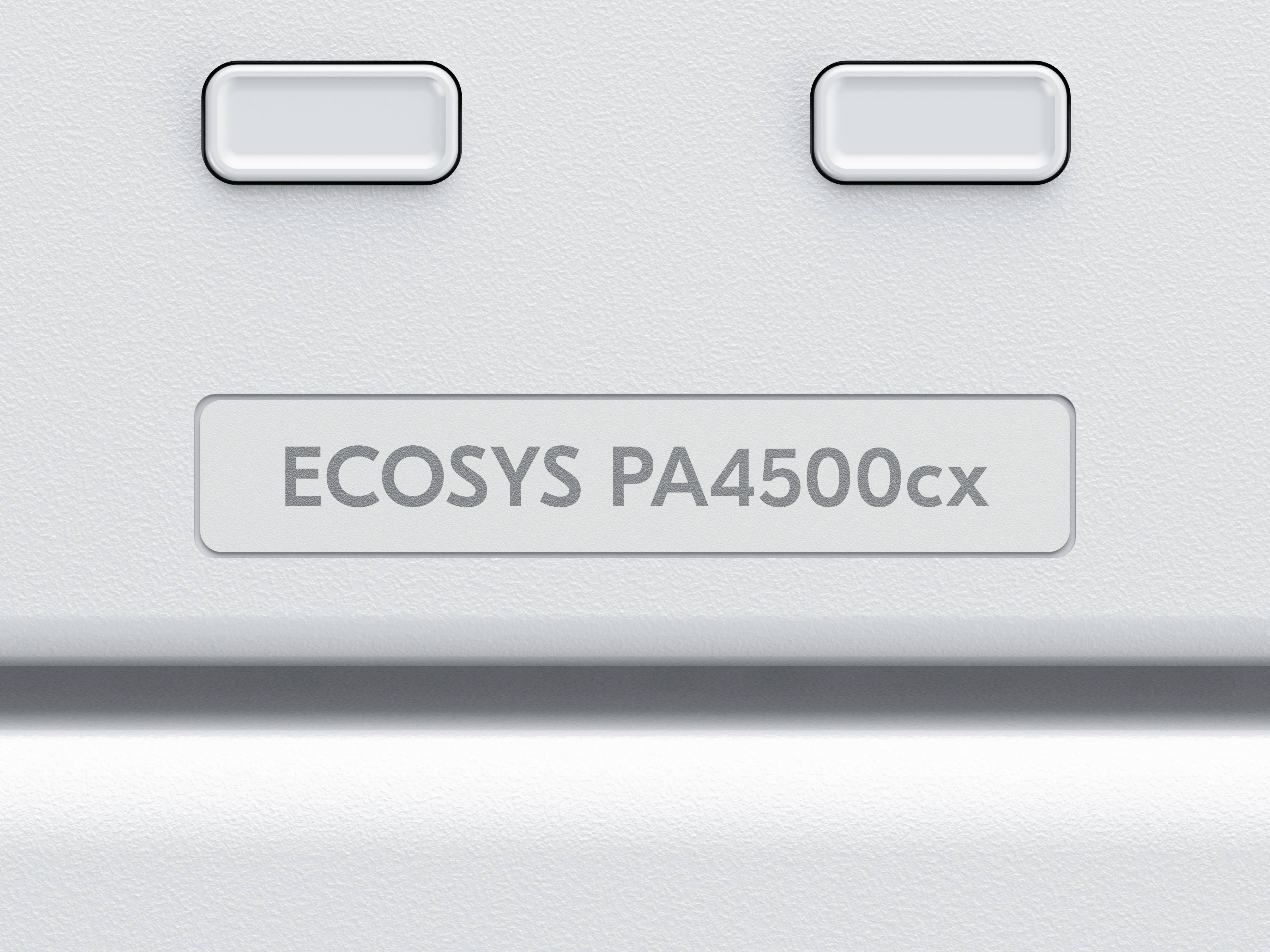 På enheden står der 'ECOSYS PA4500cx'. To knapper er synlige over etiketten.