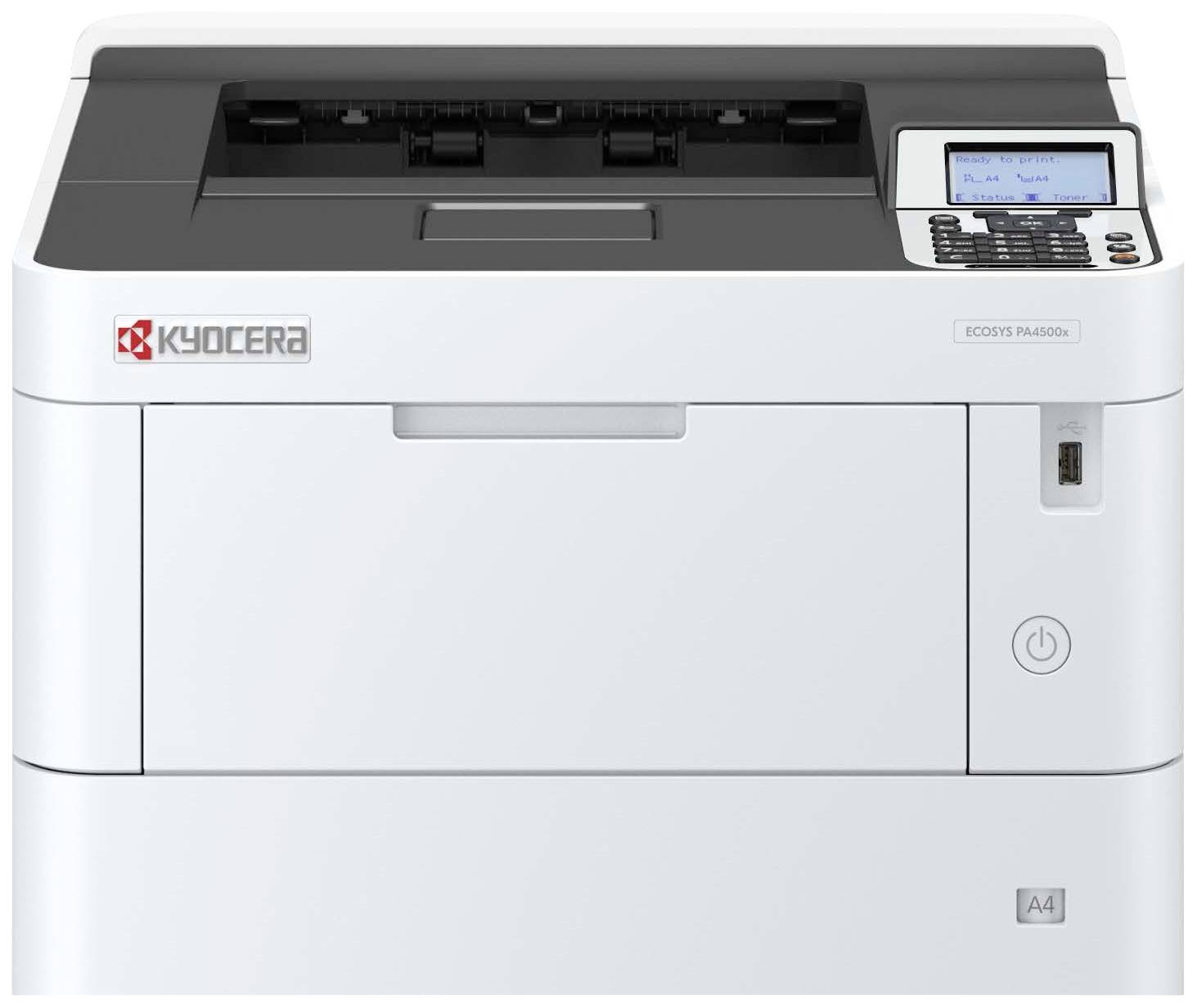 En hvid Kyocera-laserprinter, model 'ECOSYS P3145dn', med betjeningspanel og USB-port på højre side.