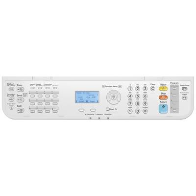 Betjeningspanel til en multifunktionsprinter med numerisk tastatur, funktionstaster til kopiering, scanning, fax og udskrivning.