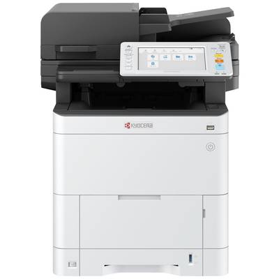 En Kyocera-printer med et betjeningspanel med display og flere taster. Printeren er stor, mørkegrå og sølvfarvet.