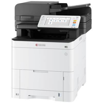 En hvid multifunktionsprinter med en stor touchskærm viser flere betjeningsmuligheder. Printeren har et USB-stik.