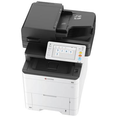 En moderne sort og hvid multifunktionsprinter med en touchskærm på forsiden.