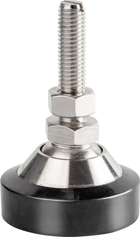 Justerbar maskinfod i rustfrit stål med gevindstang og gummioverflade, til nivellering og stabilisering af maskiner.