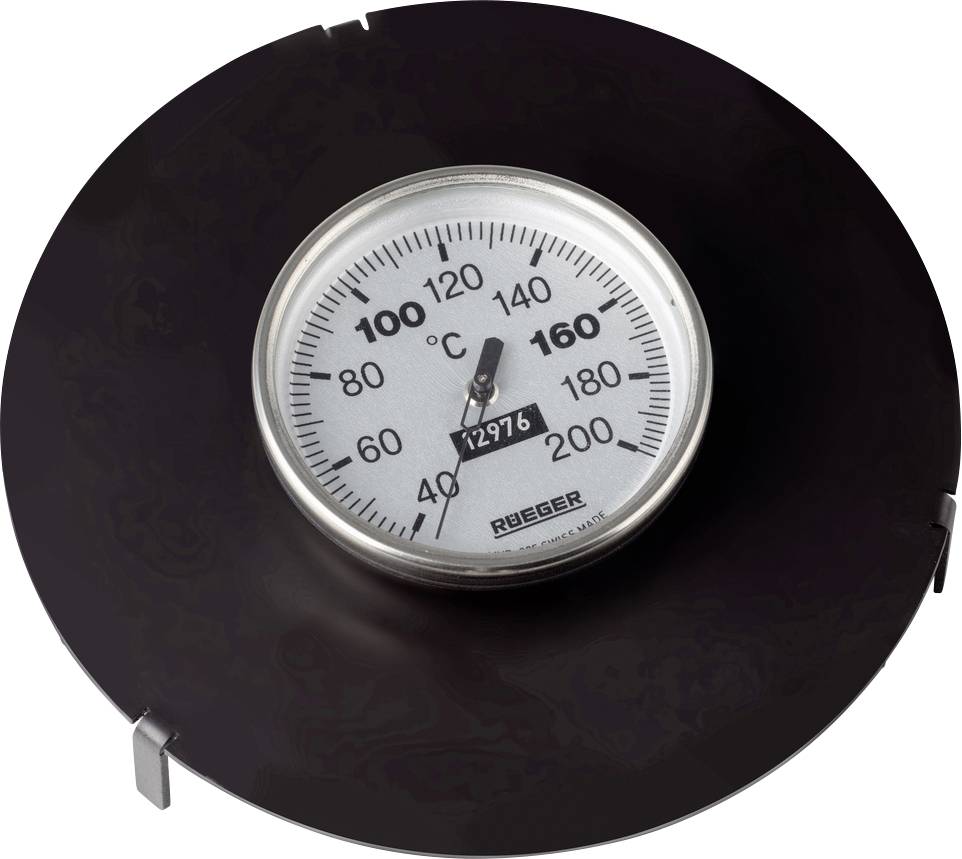 Termometer viser en temperaturangivelse fra 0 til 200 grader Celsius med fokus på 80 grader. Omgivelserne virker tekniske eller industrielle.