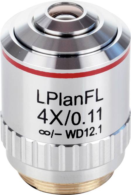 Et sølvfarvet mikroskop objektiv med påskriften 'LPlanFL 4X/0.11 ∞/- WD12.1'.