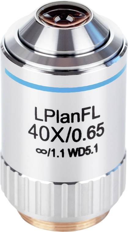 Mikroskopbjektiv 'LPlanFL 40X/0.65 ∞/1.1 WD5.1' med sølvfarvet kabinet og blå markering, til forstørrelse af prøver.