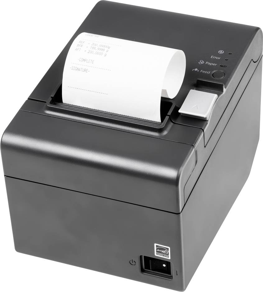 En sort termoprinter med en udskrevet kvittering øverst. Printeren har knapper til papirfremføring og en statusindikator.