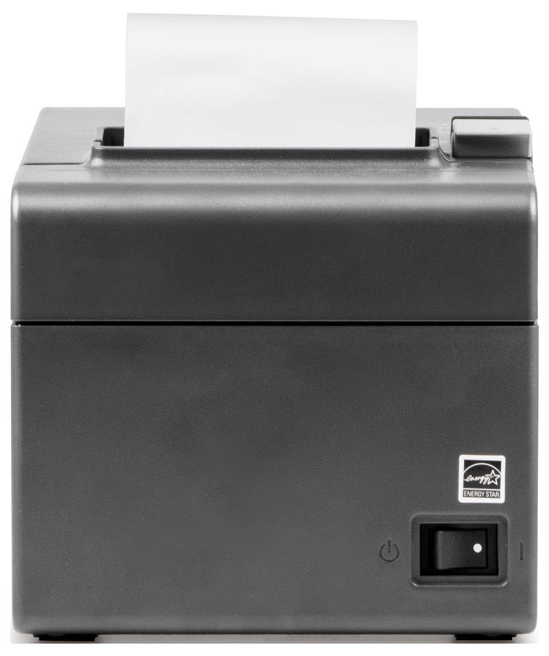 En sort-grå printer udskriver et ark papir. Printeren har en tænd/sluk-knap til højre og en etiket foran.