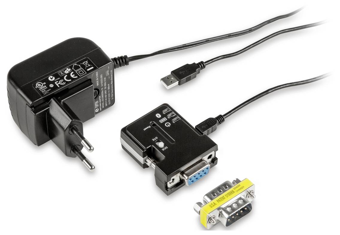 Strømforsyning, USB-til-seriel-konverter og adapterstik. Bruges til at forbinde serielle enheder med moderne computere.