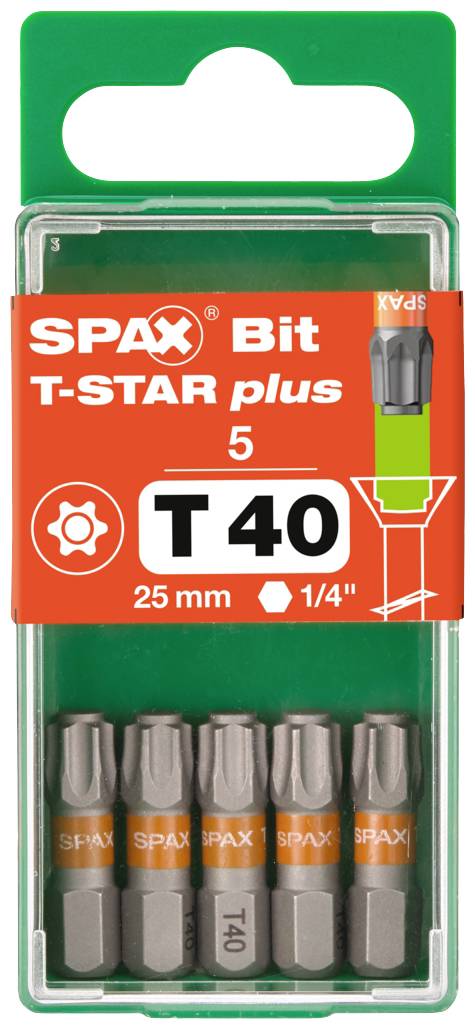 Fem SPAX T-STAR plus T40 bits i grøn emballage med orange etiket, velegnet til 25 mm 1/4 tomme skruer.
