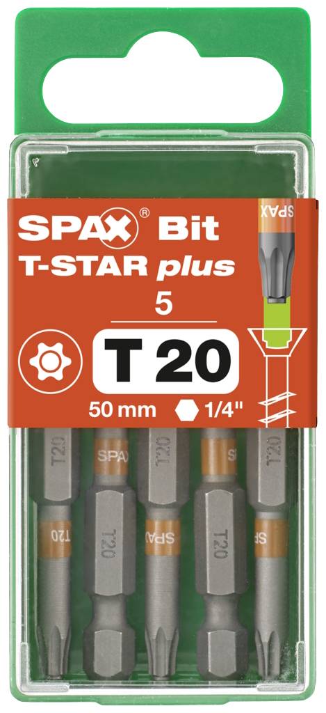 Sæt med fem SPAX bits med T-STAR plus T20 profil, længde 50 mm, til skruetrækker. Emballagen er grøn med orange tekst.
