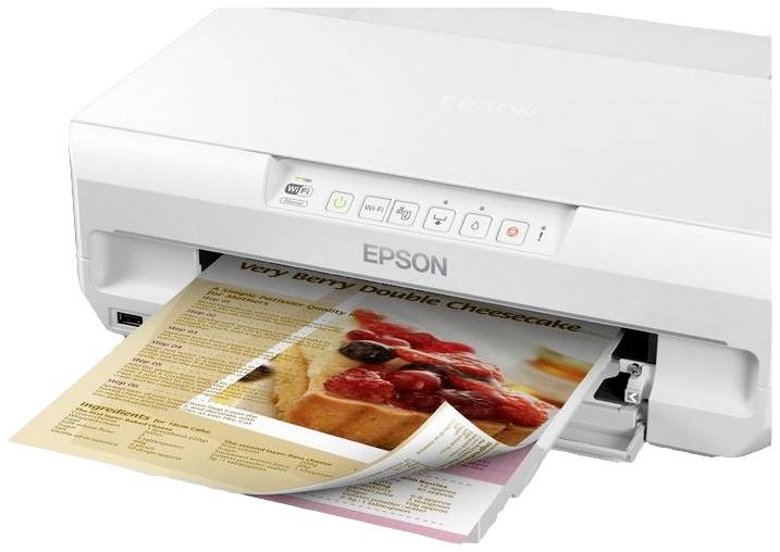 En hvid Epson-printer udskriver en opskrift på en 'Very Berry Double Cheesecake' med et billede af den færdige kage.