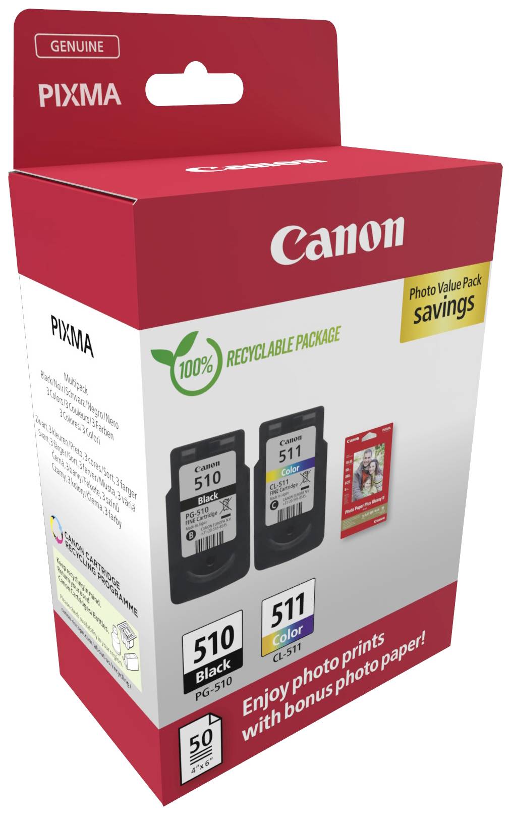 Canon blækpatron 510/511 i genanvendelig emballage. Sorte og farvede patroner til PIXMA-printere. Indeholder fotopapir.