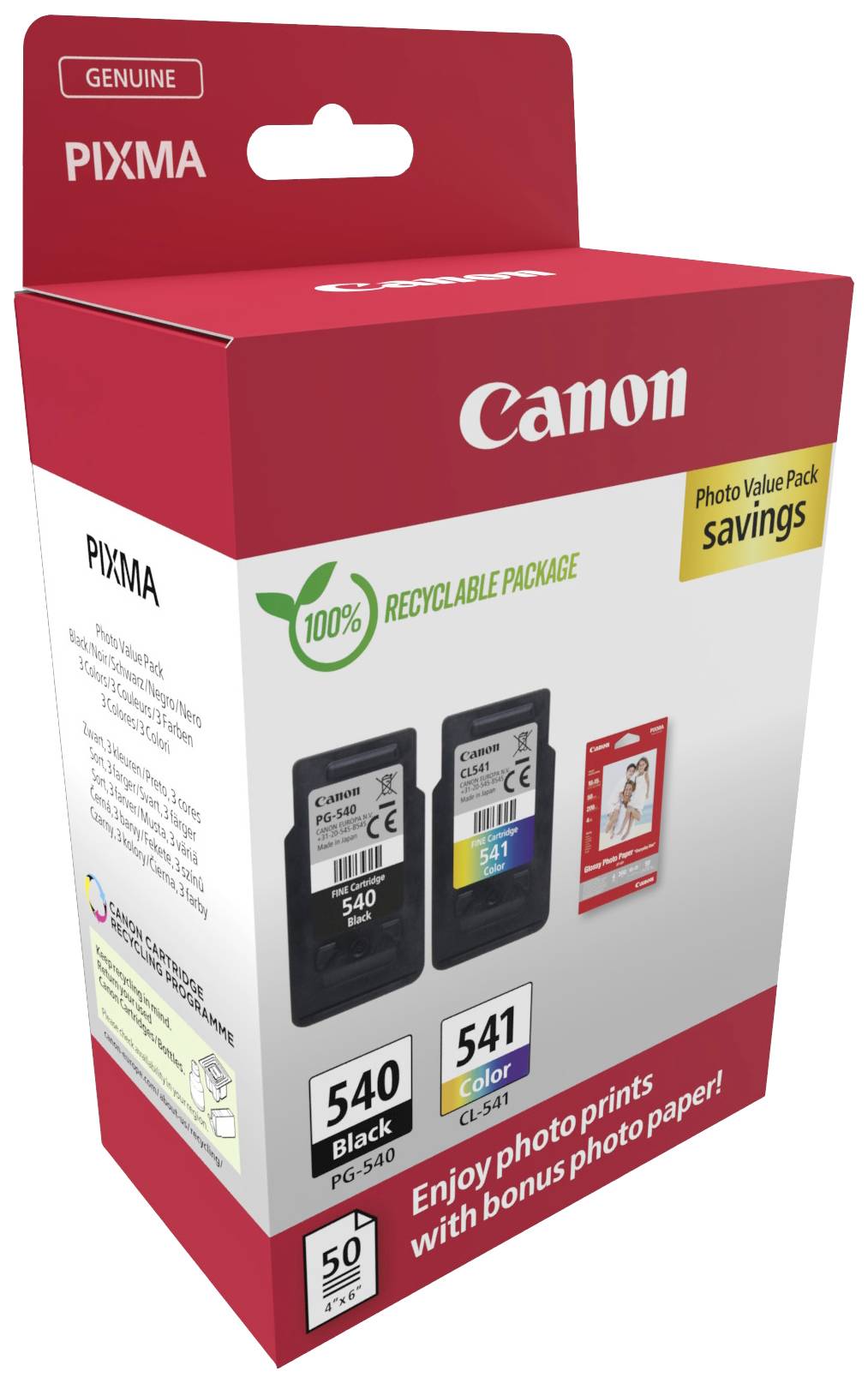 Canon blækpatron-sæt: 540 i sort og 541 i farver. Indeholder fotopapir. Emballage er 100% genanvendelig.