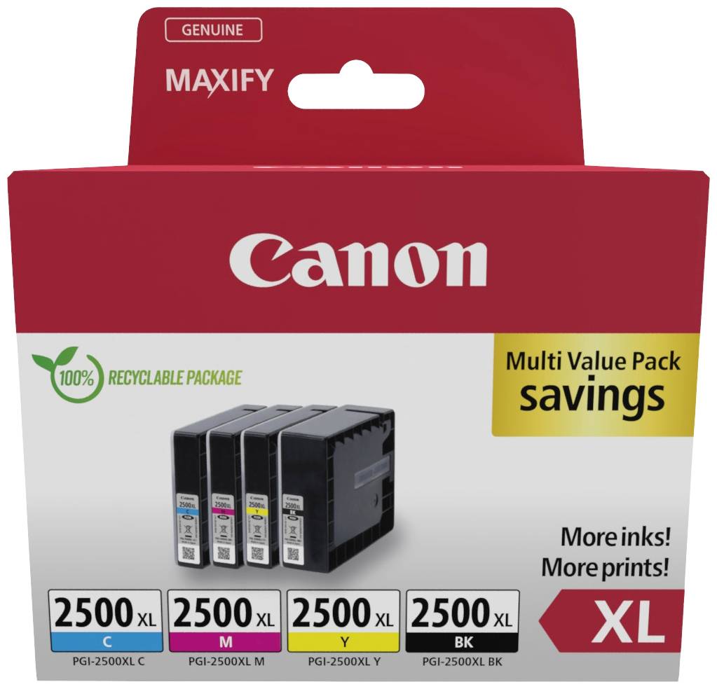 Canon-blækpatroner i multipakning, kompatibel med PGI-2500XL-serien. Indeholder cyan, magenta, gul, sort. Sparer blæk og printomkostninger.
