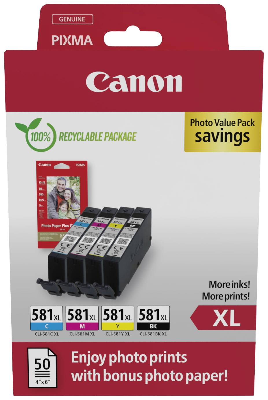 Produktemballage til Canon-blækpatroner; viser fem patronmodeller og en bonus fotopapirpakke. 100% genanvendelig emballage.