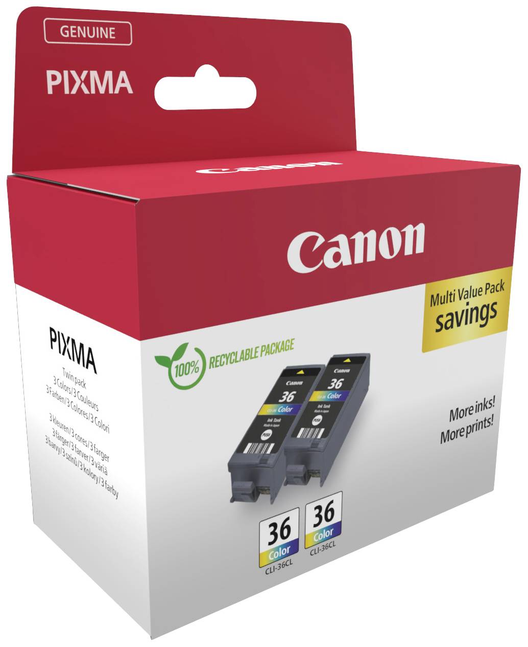 Canon printpatron-pakke med to patroner, én i sort og én i farve. Emballage fremstillet af genanvendeligt materiale.