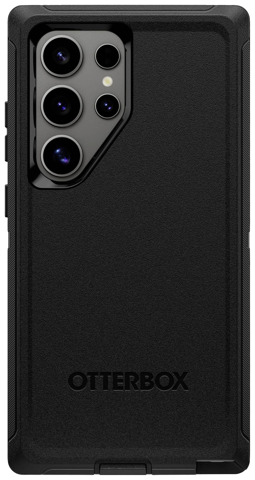 En sort mobiltelefon med et OtterBox-beskyttelsescover, som tilbyder en robust og beskyttende bagside.
