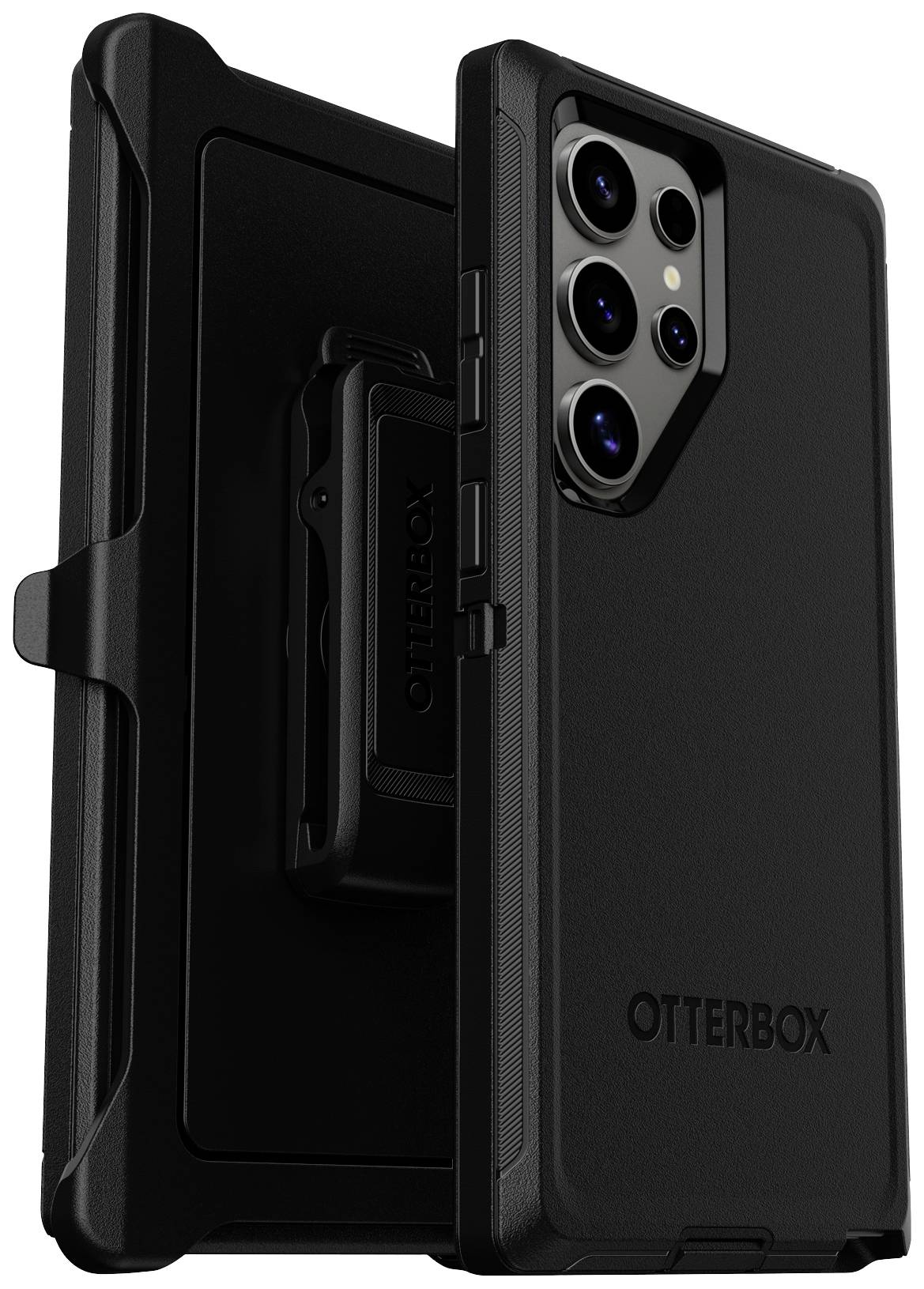 Sort OtterBox-mobiletui, robust design med flere kameraåbninger og integreret bælteclips.