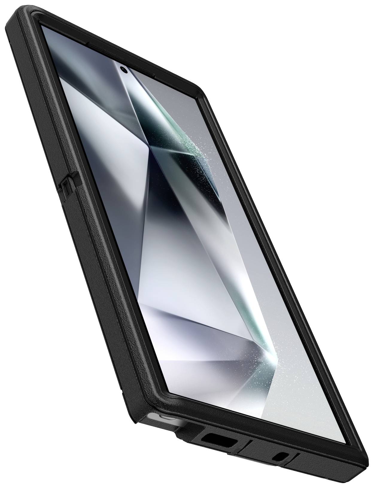 En moderne smartphone med sort kabinet, der står oprejst. Displayet viser geometriske mønstre i sølv- og gråtoner.